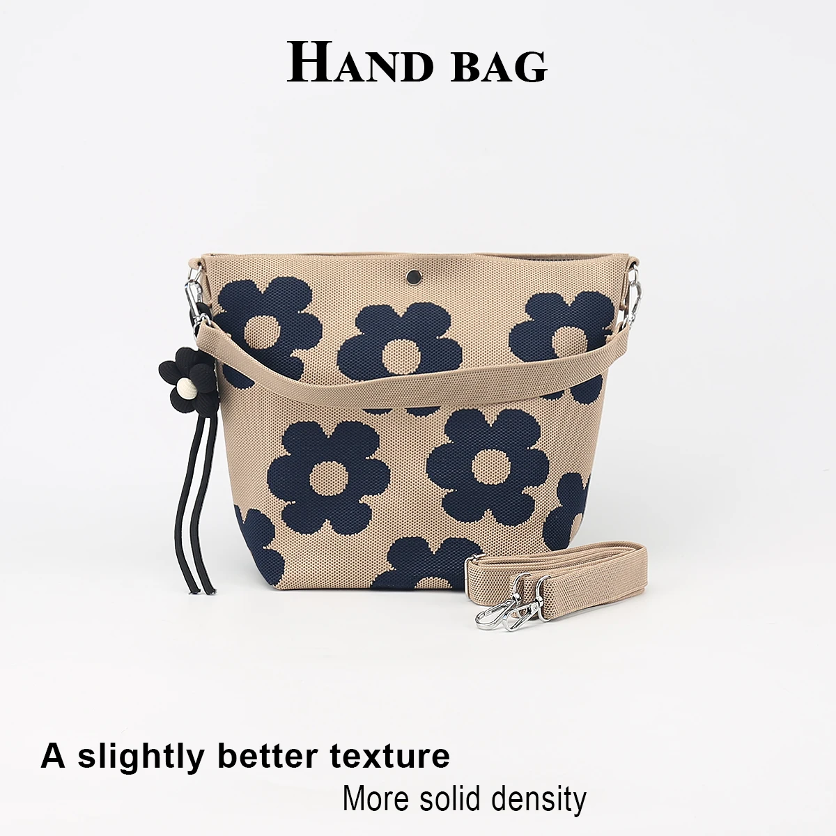 Women's small handbag, simple and casual with a high-end floral pattern, paired with a cute cotton-filled flower tassel pendant. The detachable shoulder strap can be used as a short strap for hand-carrying or as a long