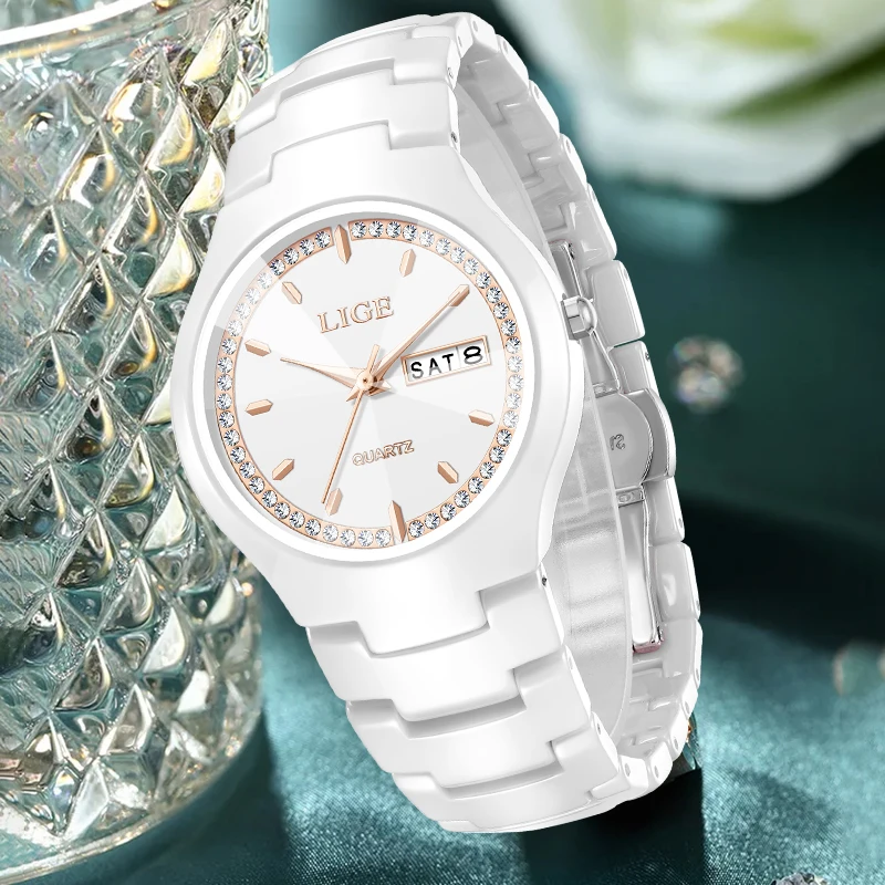 LUIK Merk Vrouw Horloge Keramiek Band Eenvoudige Waterdichte Kalender Week Quartz Horloges voor Vrouwen Elegante Dames Armband voor Geschenken