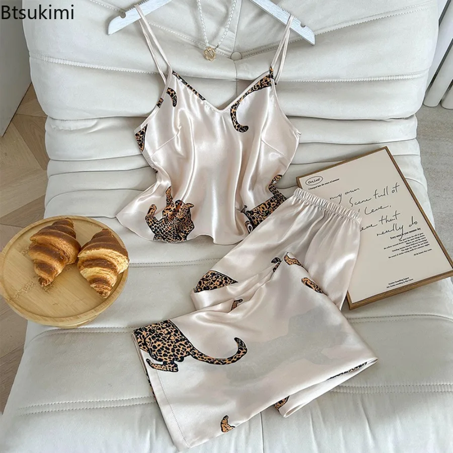 

2025 Summer Women's Sexy Pajamas Leopard Print Suspenders Trousers Set Fashion Simulation Silk Senior Sense of Home Wear Pajamas