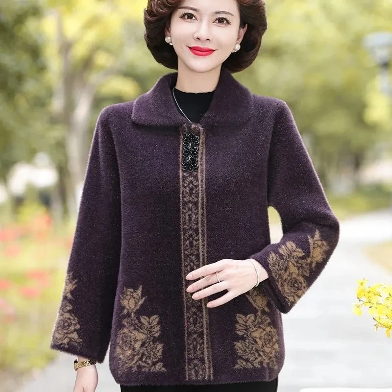 Middle Aged Elderly Women\'s Thicken Cardigan Sweater NEW Autumn Winter Imitation Mink Velvet Sweater Coat Laper Knitted Jacket