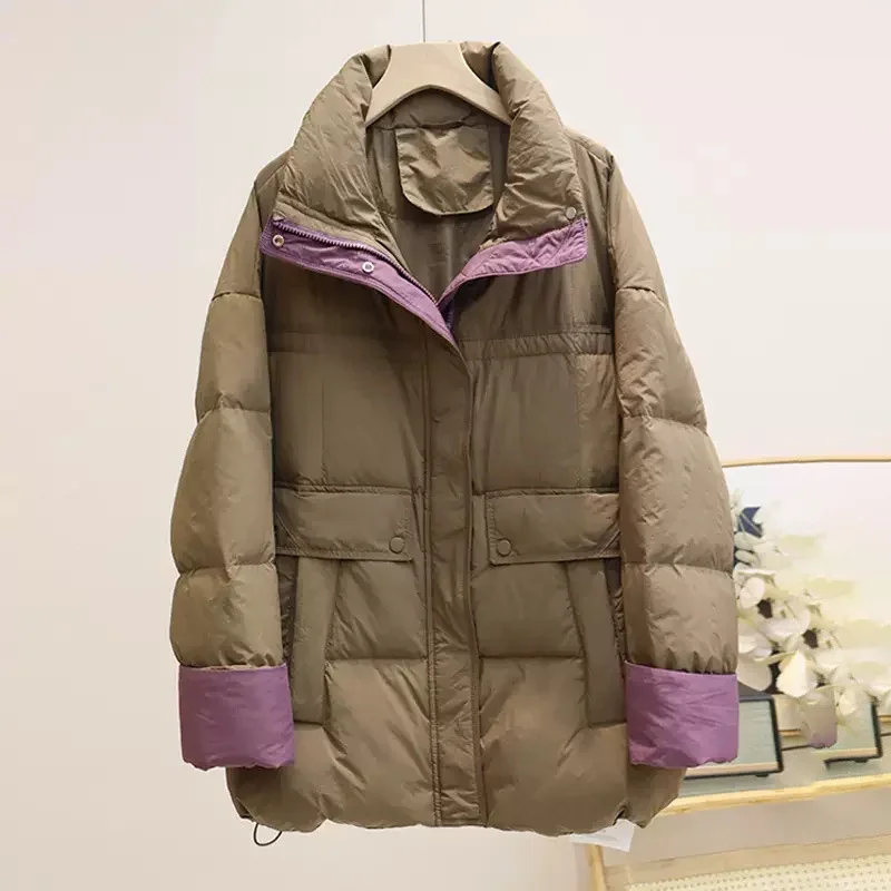 Schinteon Women Down Jacket Stand Collar Over Size Casual Warm Autumn Winter Outwear White Duck Down Color Patchwork Thick Coat