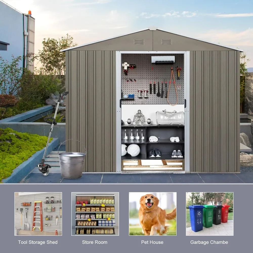 8 x 6 FT Outdoor Storage Shed, Metal Garden Shed with Floor Frame, Large Tool Shed Outdoor Storage with Lockable Sliding