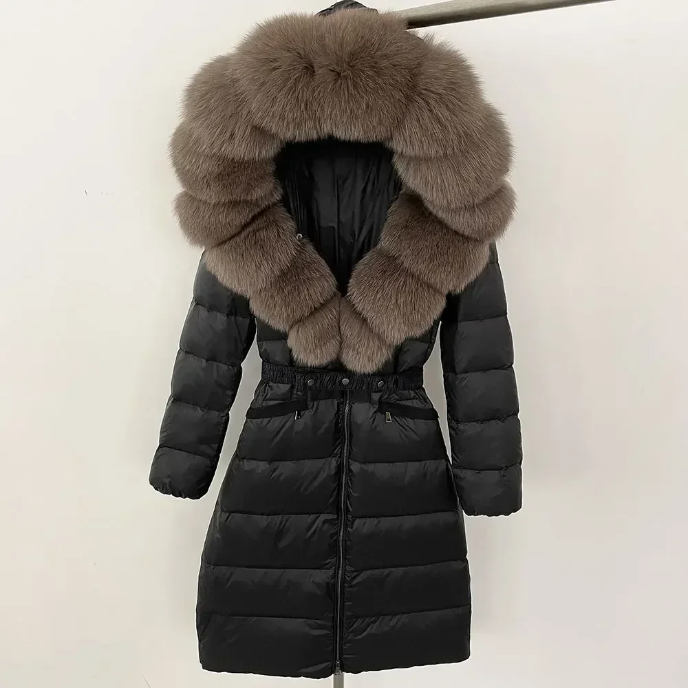 New White Duck Down Coat Hooded Thick Warm Real Natural Fox Fur Collar Streetwear Female Long Winter Puffer Jacket Women