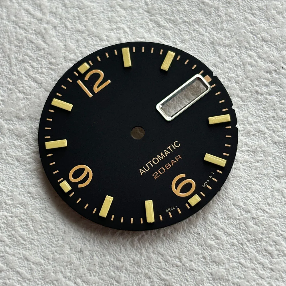 28.5mm Matte/Sunburst Dive Watch Dial 12/3/6/9 Arabic Numeral Green Luminous Metal Framed Day Date For NH36 DIY Watch Mod Parts
