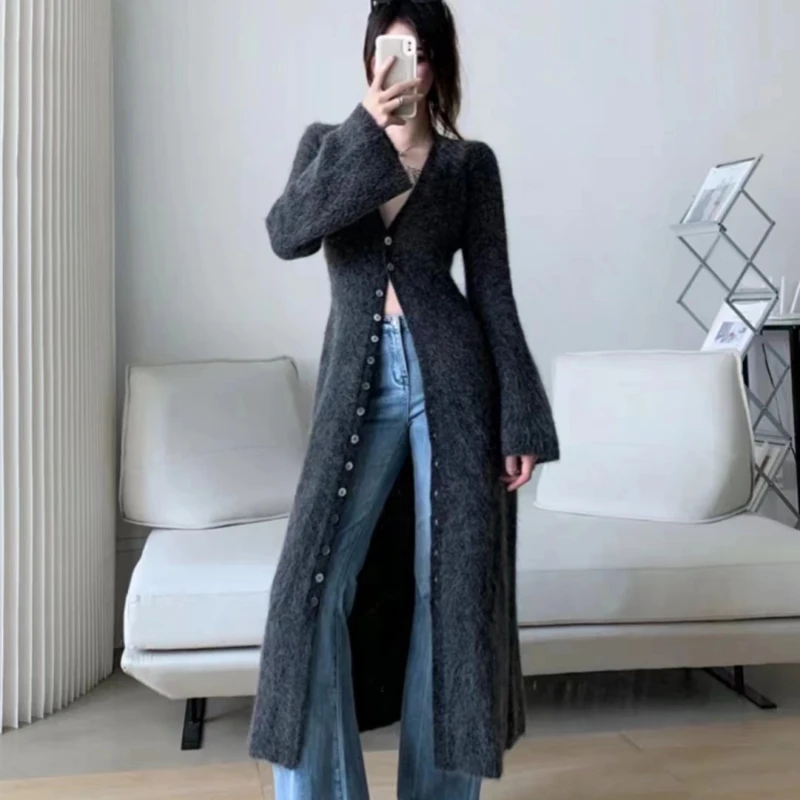 Limiguyue French Long Knit Cardigan Women High-end Mohair Sweater Jacket Fashion Runway V-neck Wool Knitwears Autumn Winter F569