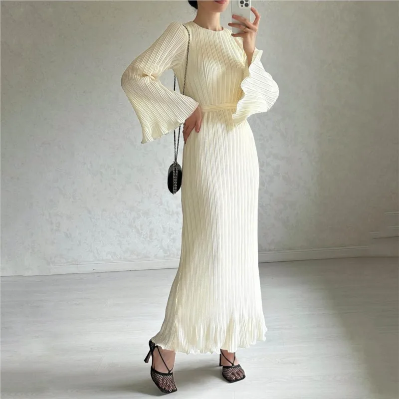 

Fashion Flared Sleeve Pleated Dress Casual Solid Color Round Neck Tie Waist Cinching Women Frock Vestidos De Fiesta Elegantes
