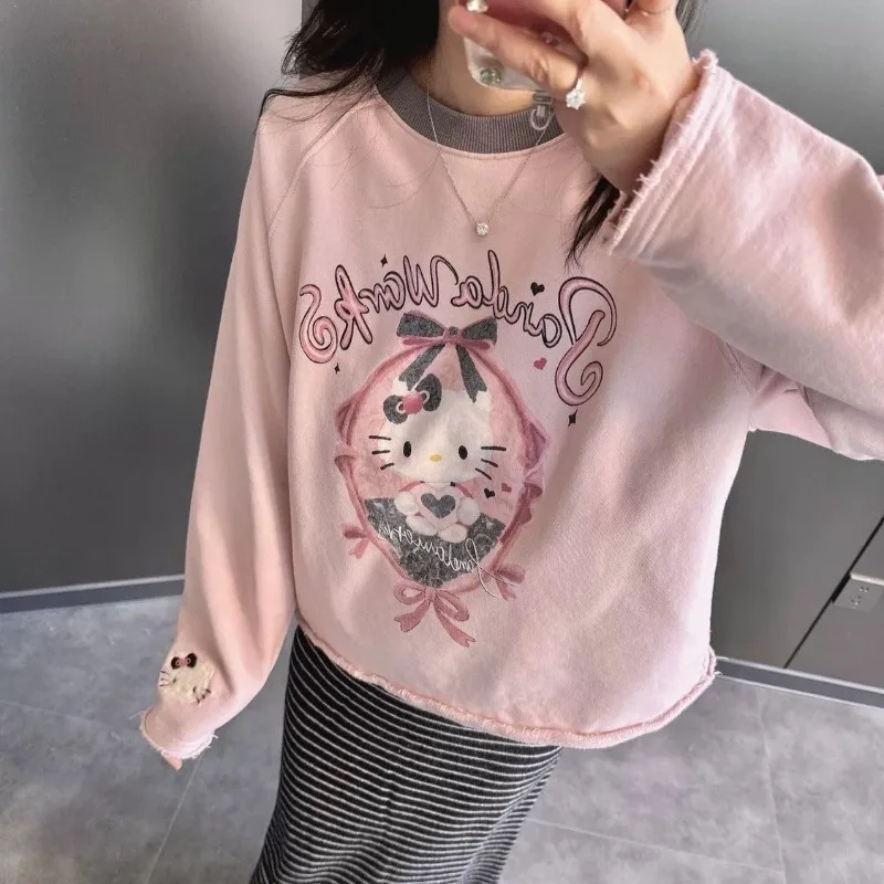 

Женские топы с мультяшным принтом Hello Kitty, футболка из 100% хлопка с длинными рукавами, женская одежда Y2k, футболки свободного кроя с потертостями по краям