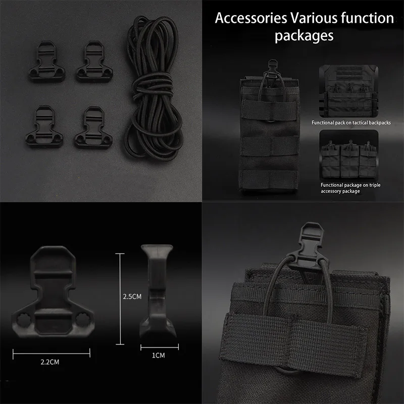 

Тактические особенности, нейлоновая выдвижная вкладка с 4-мя комплектами резиновой противоскользящей защитной пряжкой из нержавеющей стали для быстрого вытягивания эластичного ремешка