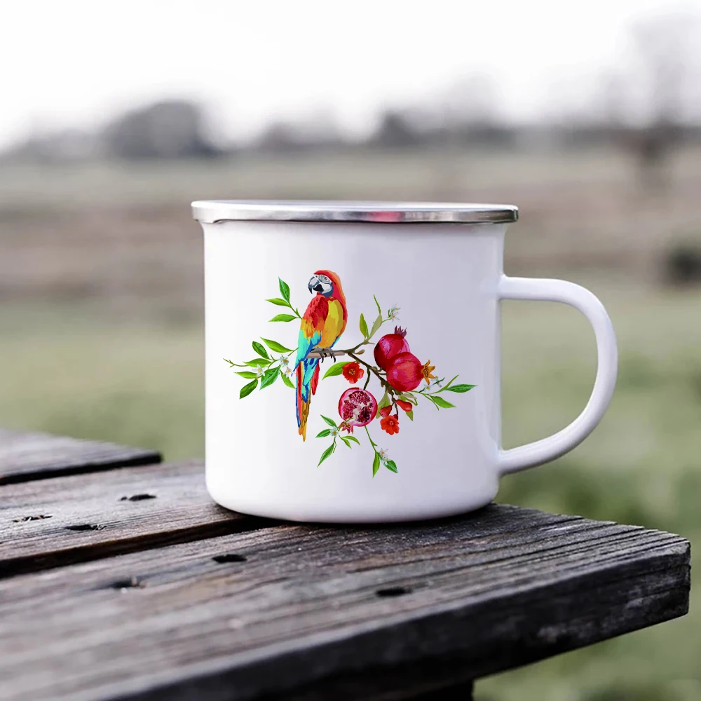 Tourist Mug Beer Cup Parrot and Pomegranate Enamel Mug Coffee Mugs Unusual Tea Cup Personalized Gift Drinkware Custom Cups Gifts