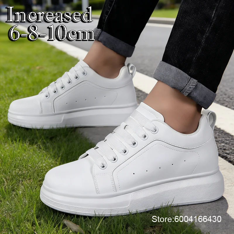 

Elevator Shoes Men Women Invisible Height Increasing Shoes White Leather Lace-up Fashion Sneakers Height Increasing 6cm 8cm 10cm