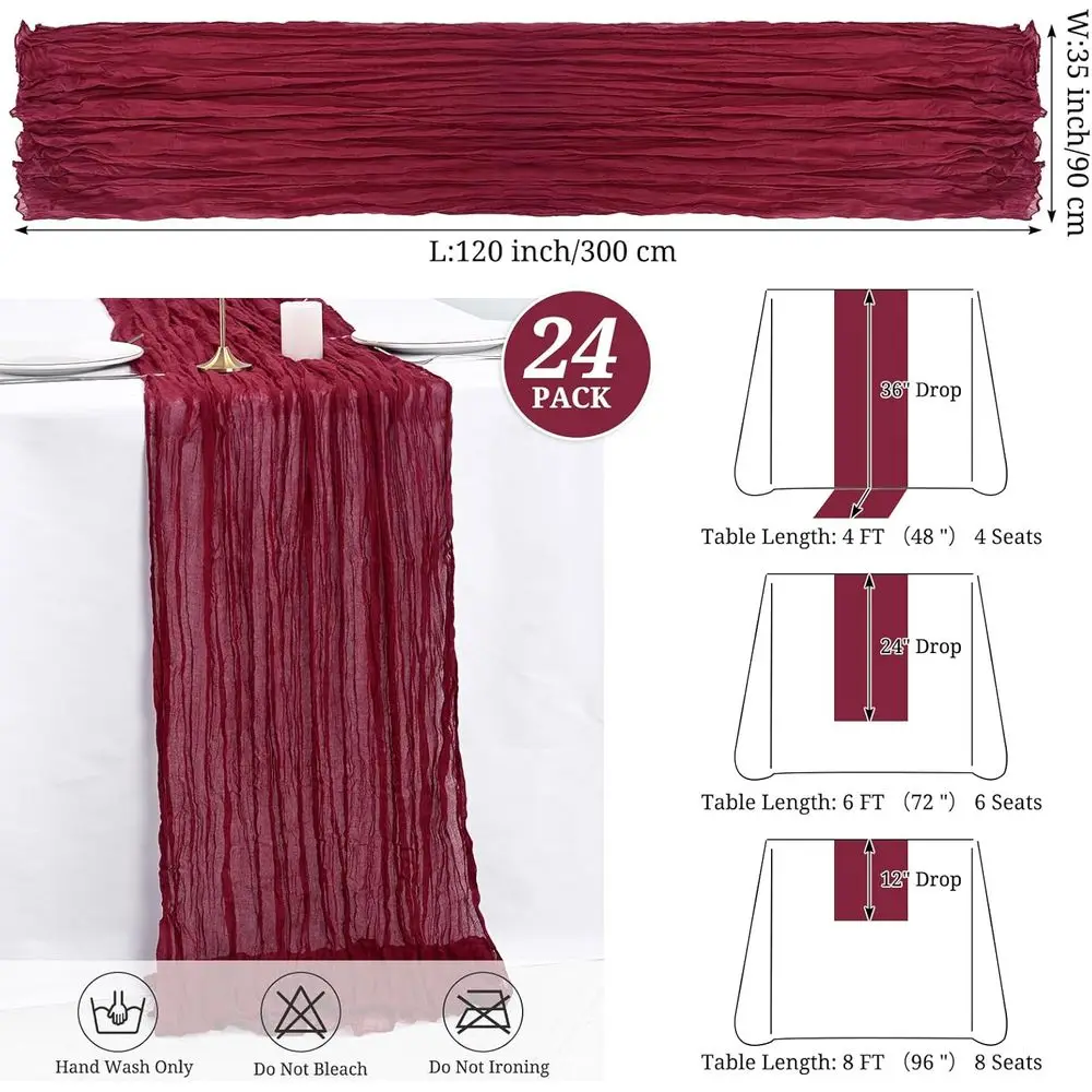 10FT Burgundy Boho Table Runners, Set of 24, 35x120 Inch for Weddings, Parties, and Holidays