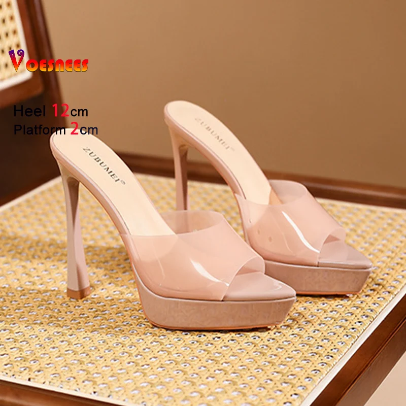 

Элегантные женские летние туфли с острым носком на тонком каблуке 12 см, прозрачные ПВХ-сандалии на толстой платформе для улицы