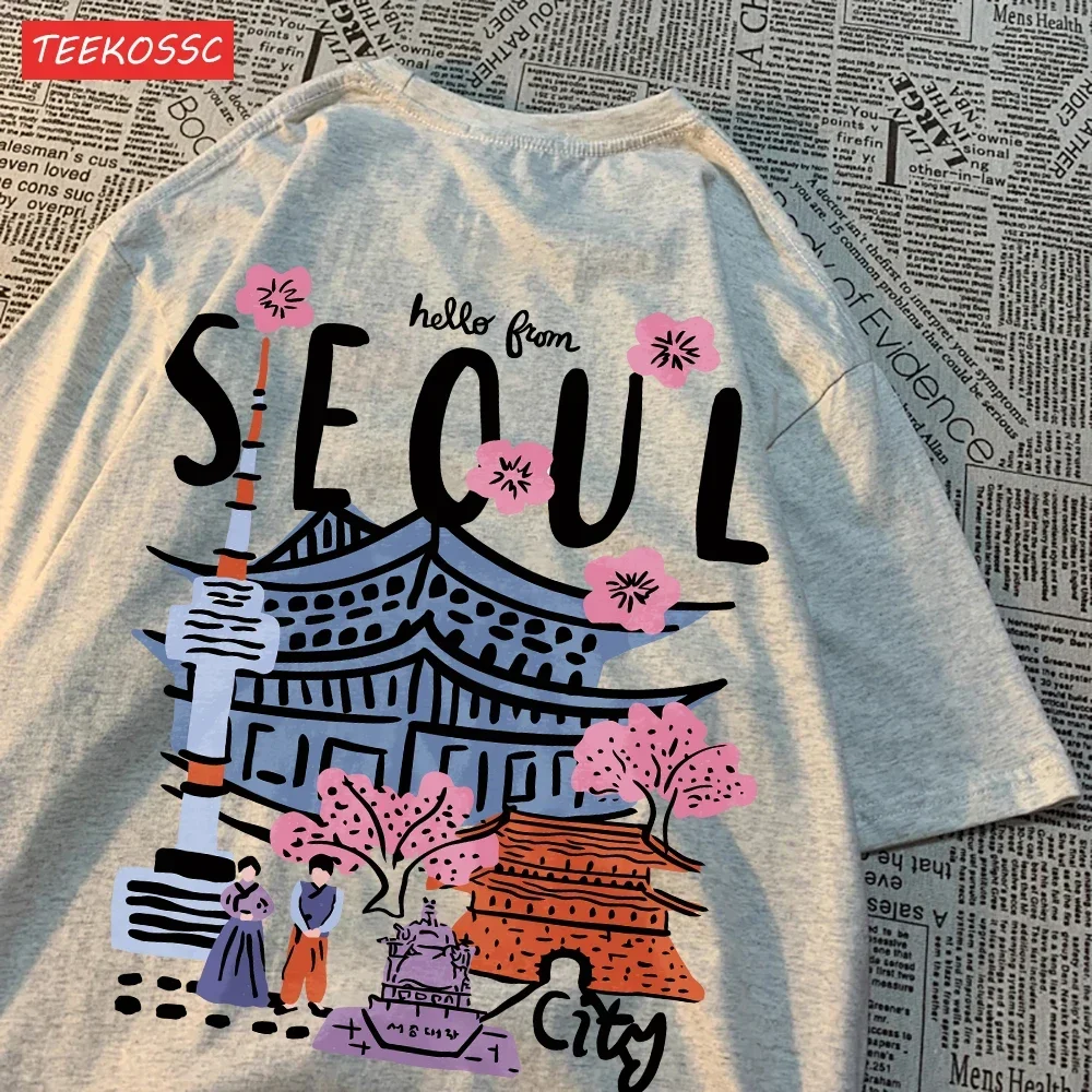 

Повседневные хлопковые женские футболки Seoul с красивым пейзажем и принтом, с короткими рукавами и круглым вырезом, дышащая модная женская одежда больших размеров