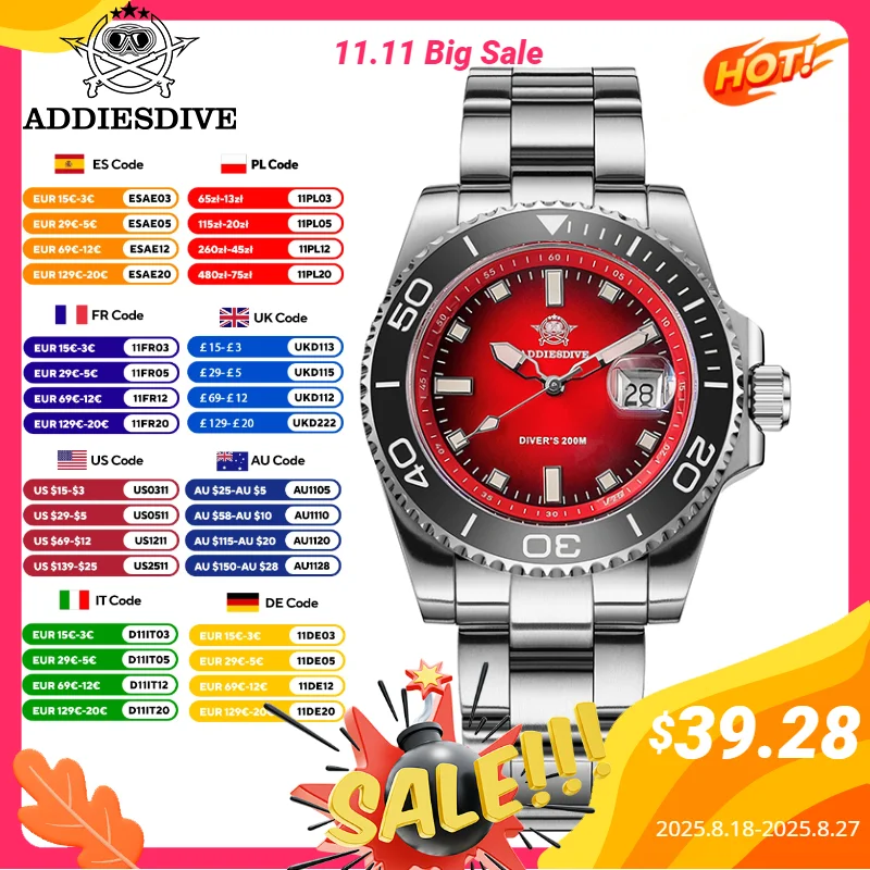 ADDIESDIVE New AD2089 Quartz Watches 41mm Gradient Rotatable Bezel  Watch For Men BGW9 Luminous Stainless Waterproof Diver Watch