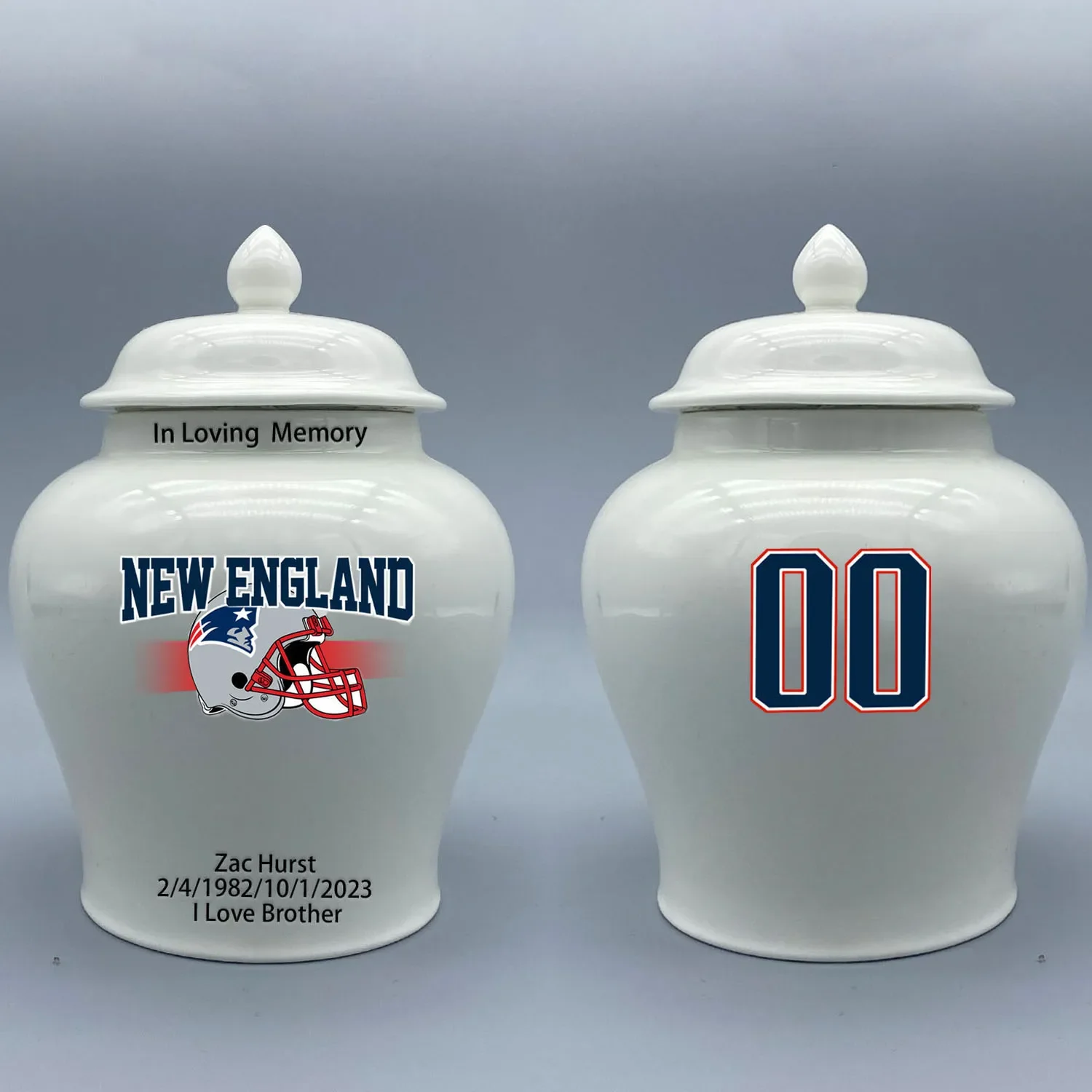 Medium Urn for New England Patriots-themed Logo Urn.Please send me the customize information-name/date and number on the urn