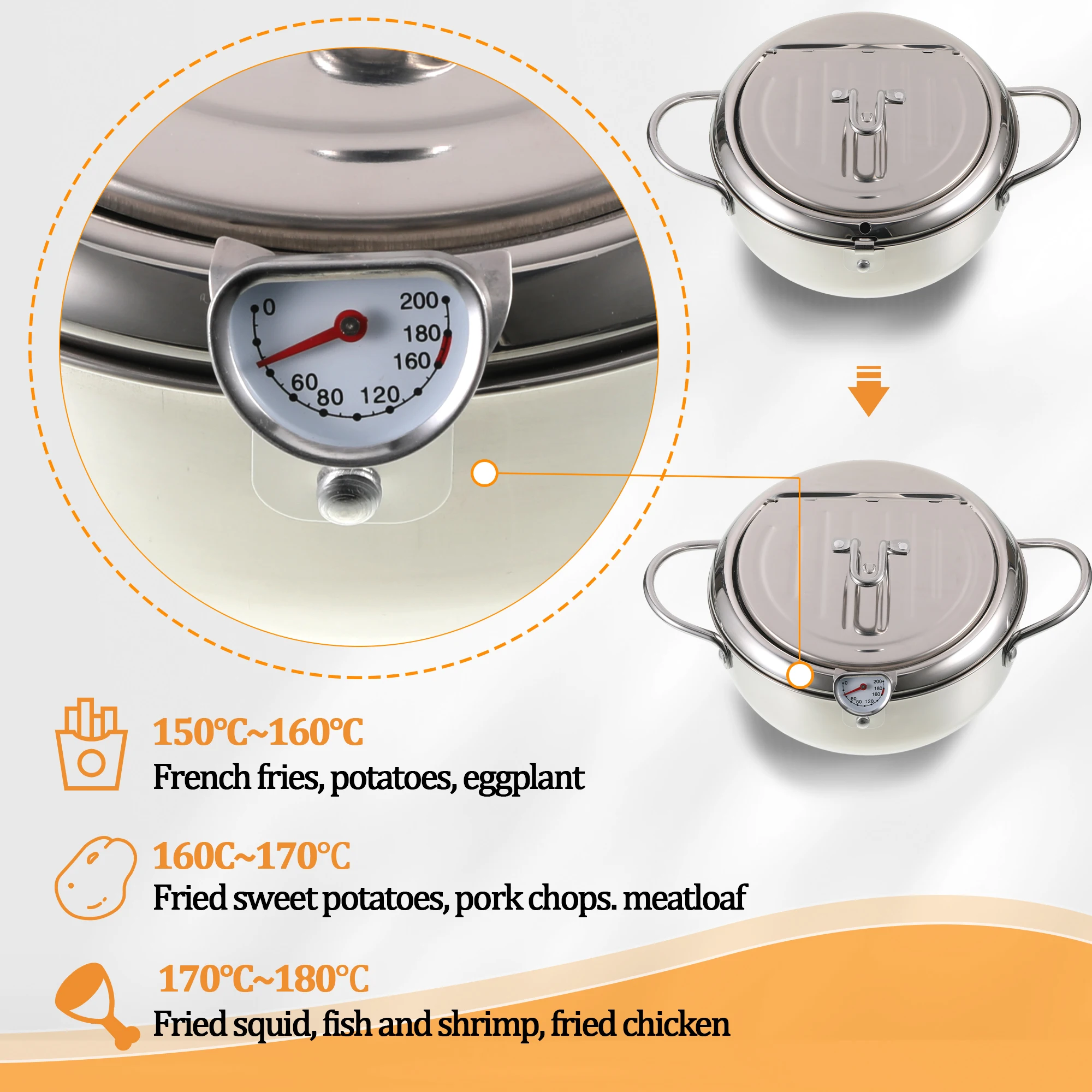 Stainless Steel Deep Frying Pot Japanese Tempura Fryer with Thermometer Control Non-Stick Frying Pan for Kitchen