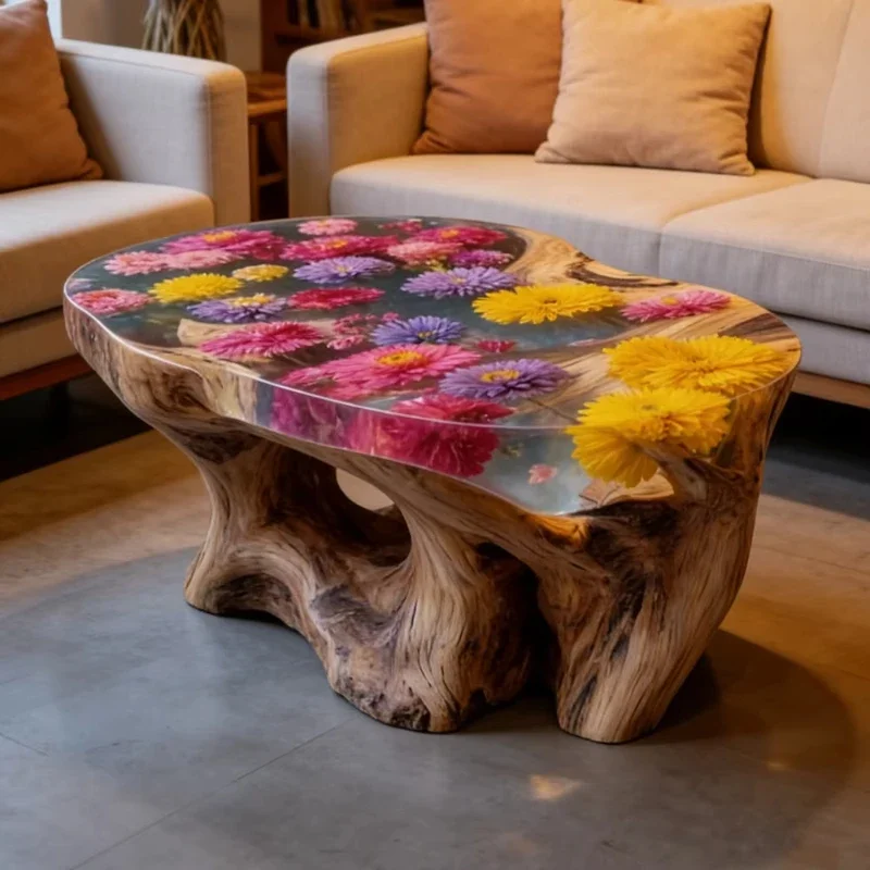 Handmade Luxury Natural Log Frame Epoxy Floral Coffee Table Modern Art