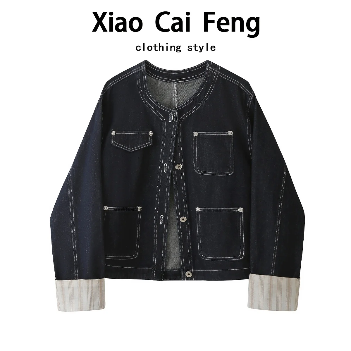 

Корейский круглый Ne Color Blo ort Denim Jaet, женский весенне-осенний повседневный свободный крой из смеси хлопка, модный универсальный...