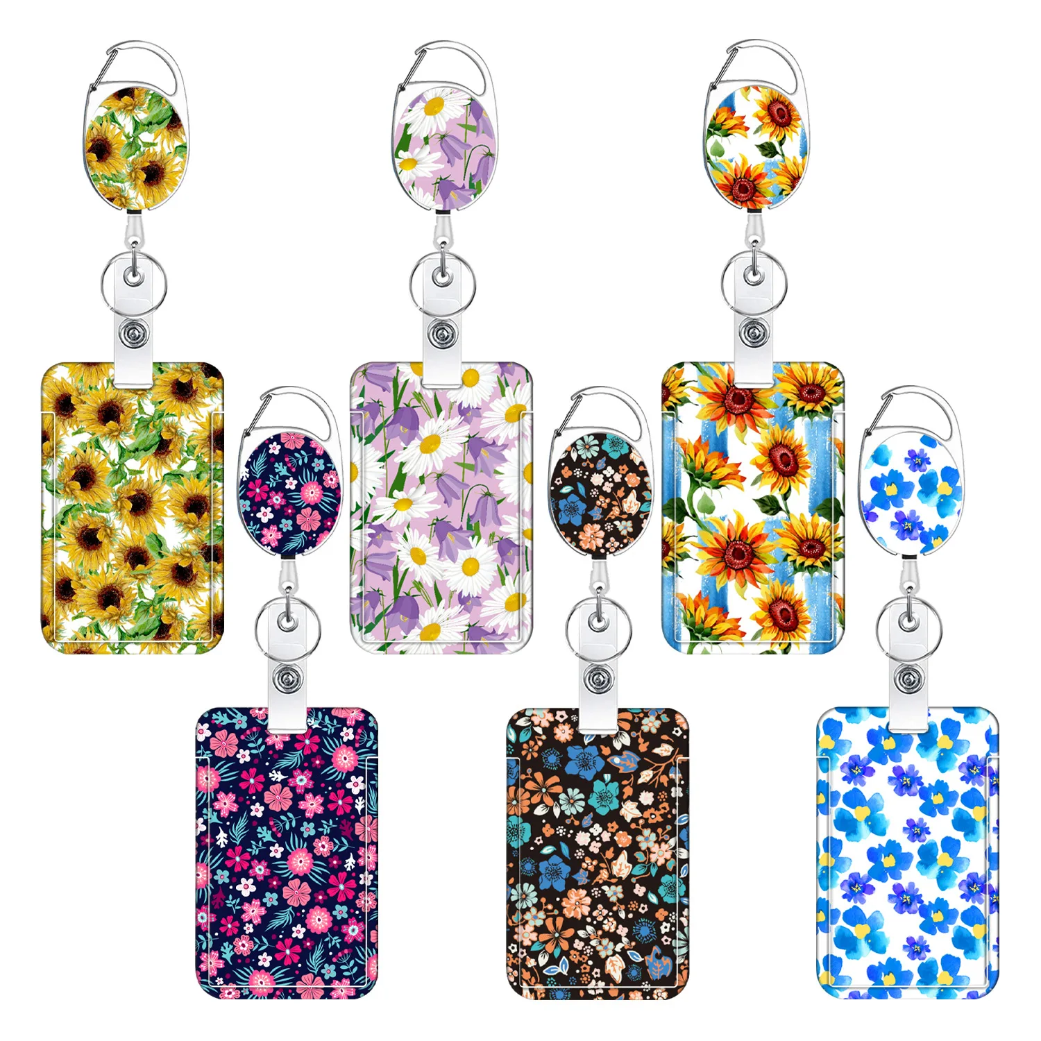 Mini Floral Zinc Alloy Retractable Badge Reel Printed Polyester Lanyard ID Card Holder for Nurse Teacher Student