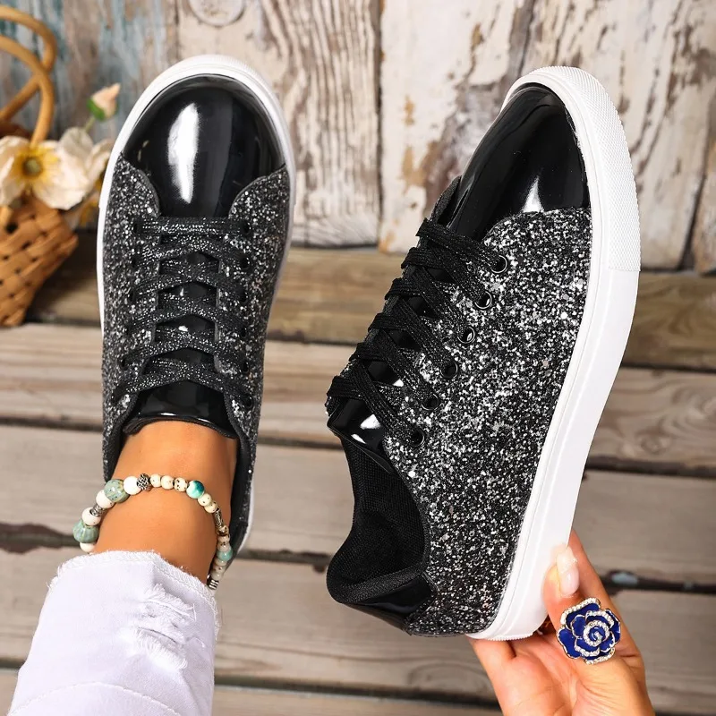 

Women's Casual Sneakers Soft Sole Versatile New Round Toe Lace-Up Front Sequin Non-Slip Flat Womens Vulcanized Shoes