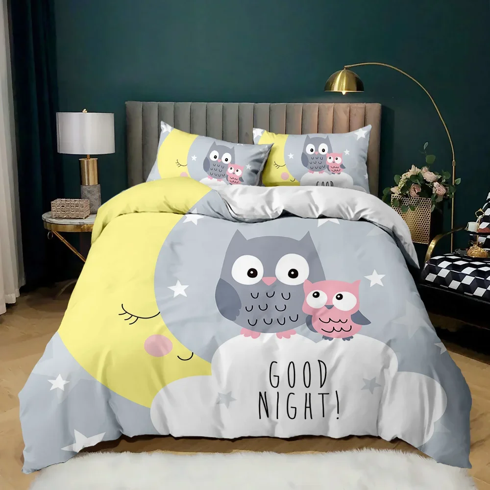 Owl Duvet Cover Set Cute Owl and Stars Decor Comforter Cover Outer Space bedding Set Kids Cute Animal Polyester Qulit Cover