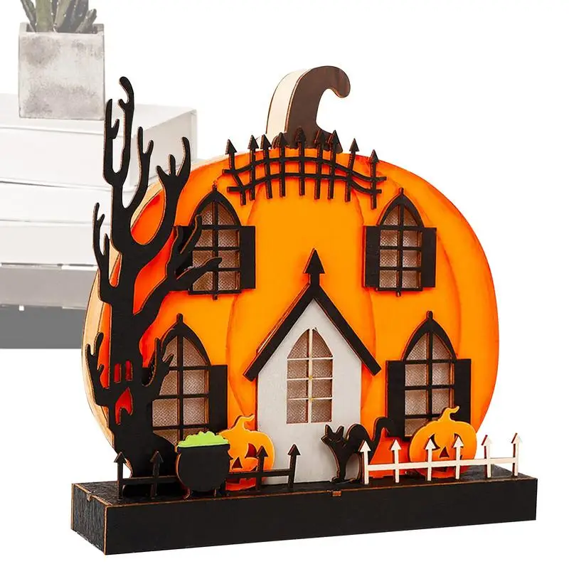 

Halloween Decorations Pumpkin Lantern Wood Table Centerpiece Light Up Pumpkin Outdoor Decoration Safe Festive LED Halloween Wood