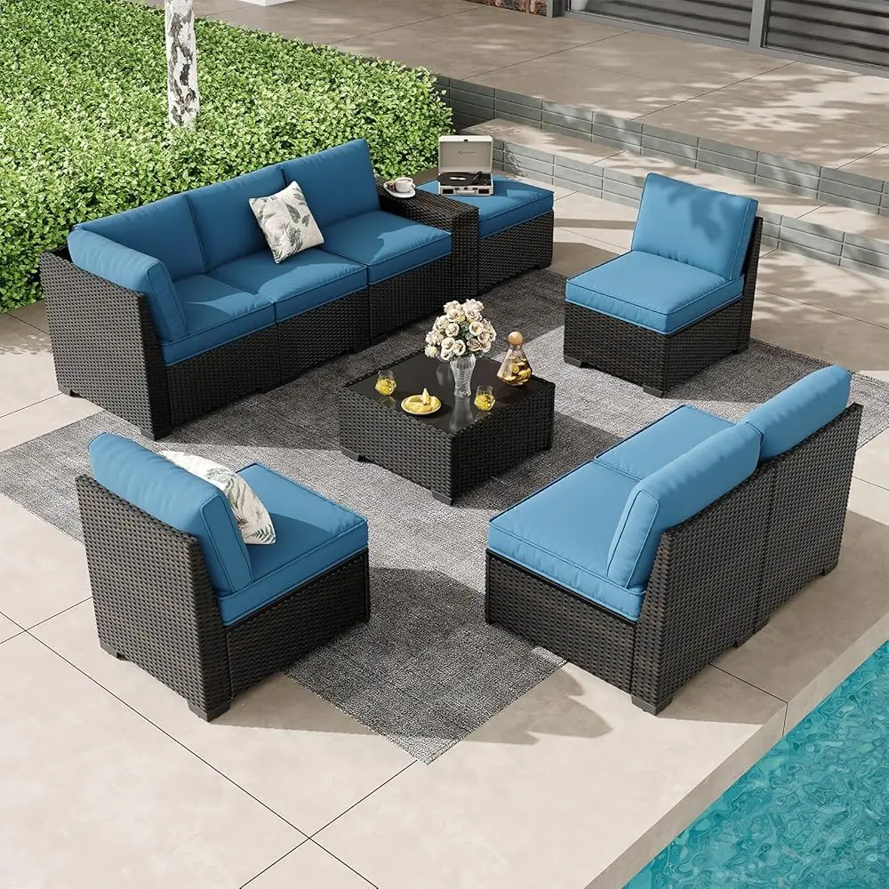 

9 Pieces Outdoor Patio Furniture Set, Wicker Conversation Sets With Tea Table, Rattan Patio Sofa With Thi Cushions For Garden,