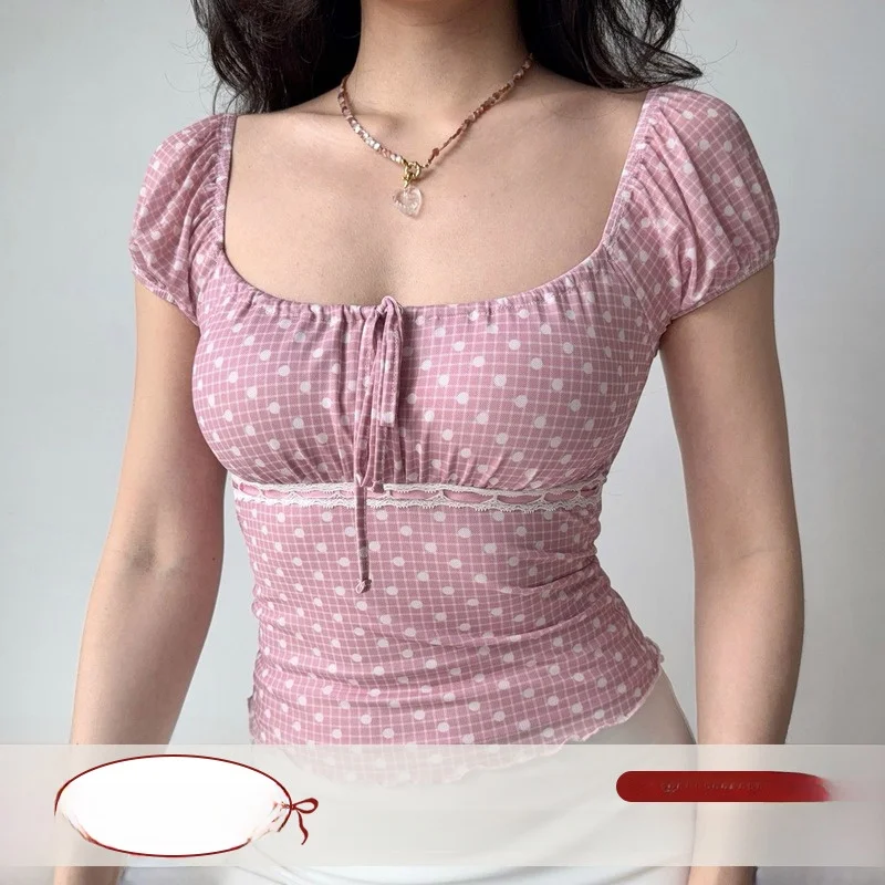 

Go Girl Go Retro Polka Dot Plaid Pink Women's Slim Fit Square Collar Bubble Sleeve T-Shirt French Style Polyester Spandex Blend