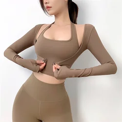 Sexy Long Sleeve Yoga Shirts Built In Bra Women Slim Fit Workout Sport T Shirt  Gym Fitness Crop Top with Thumb Holes