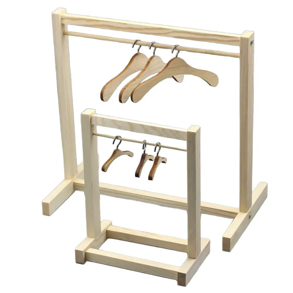 Poppenkledingrek met minihanger Houten poppenkledingstuk Display Organizer Rack Poppenhuiskleding Garderobe voor BJD katoenen pop