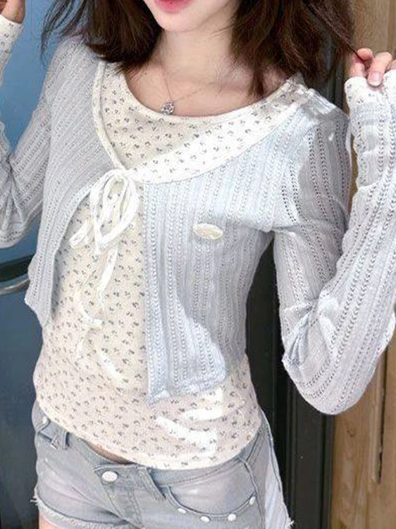 Korean Style Floral Print Two-Piece Effect Long Sleeve Women's T-Shirt Slim Fit Waist-Cinching Inner Wear Short Top