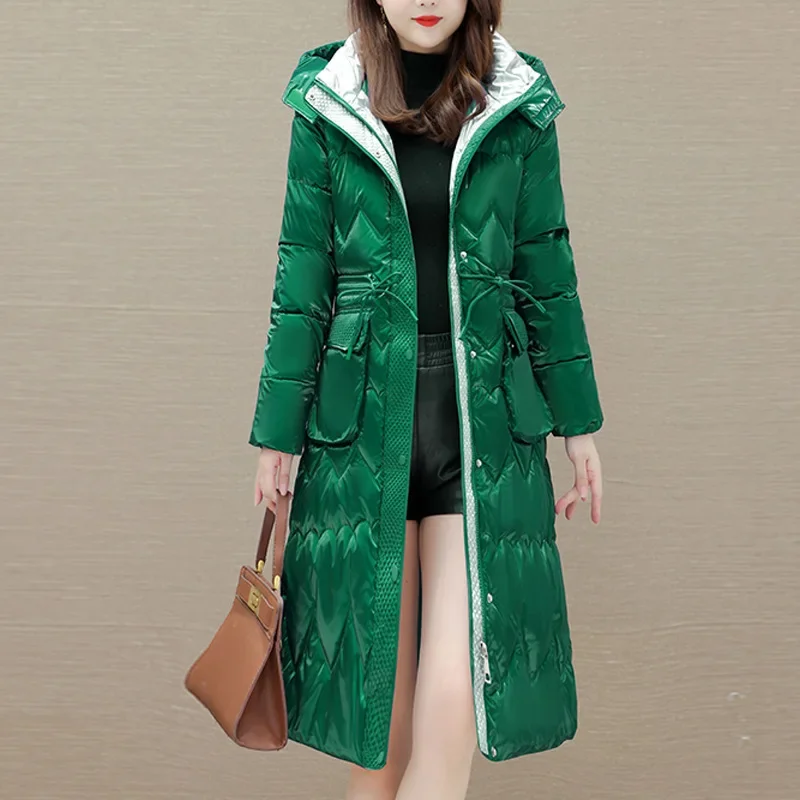 

Glossy Mid length Down Cotton Jacket For Women In Winter New Fashion Waistband Cotton Jacket XQ106