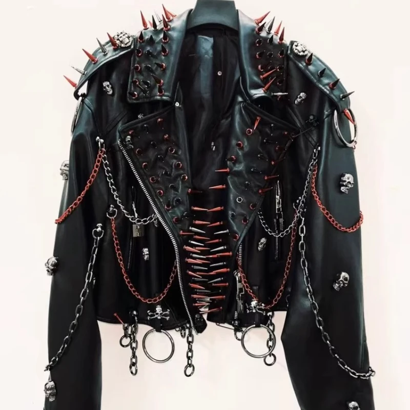 Original Punk Heavy Industry Black Women's Coat Autumn New Red Rivet Chain Dark Sweet Cool Personalized Leather Jacket Ladies