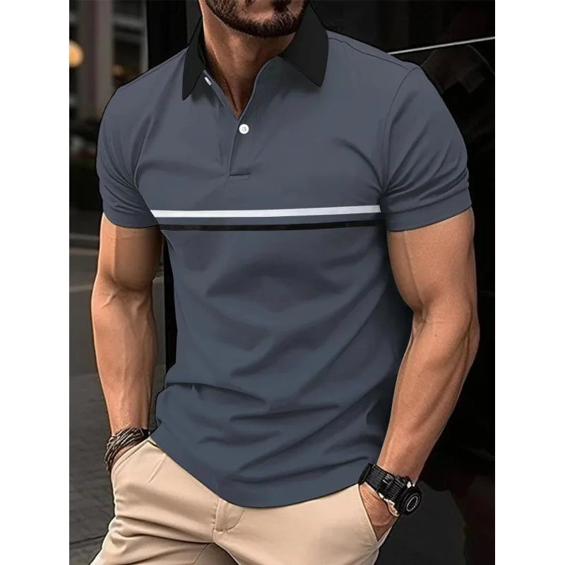 2024 New Men\'s Polo Shirt Stripes Short Sleeve T-Shirts Casual Business Button Top Tees Summer Polo Shirts High Quality Clothes