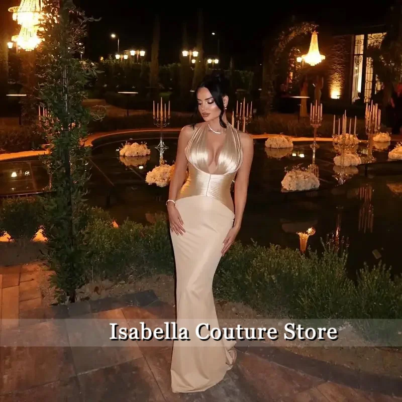 

Sexy Champagne Mermaid Evening Gowns Halter Stain Vestido De Fiesta For Women Customized Brithday Pleats Floor Length Prom Dress