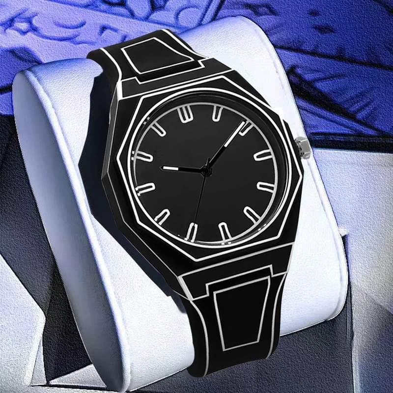 A men's black tape luminous design anime cartoon line style Japanese personality trend cool quartz wristwatch