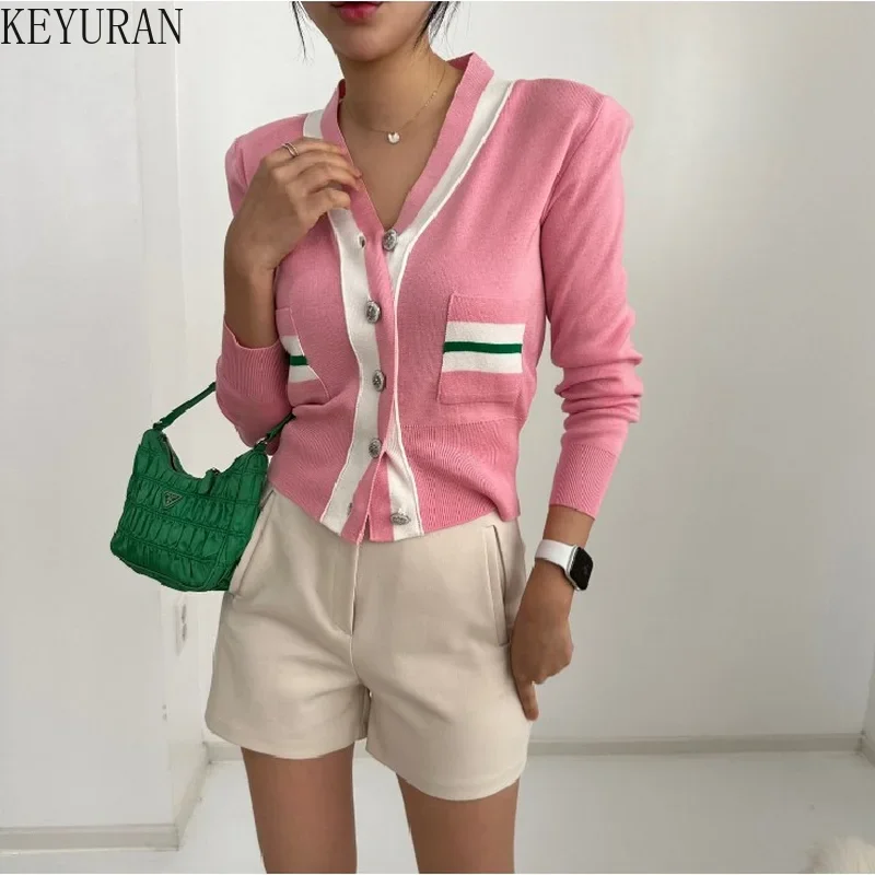 2024 Autumn Striped Sweater Women Korean Chic Color Matching Button V-neck Slim Long Sleeve Crop Top Y2k Knitted Cardigan Jacket