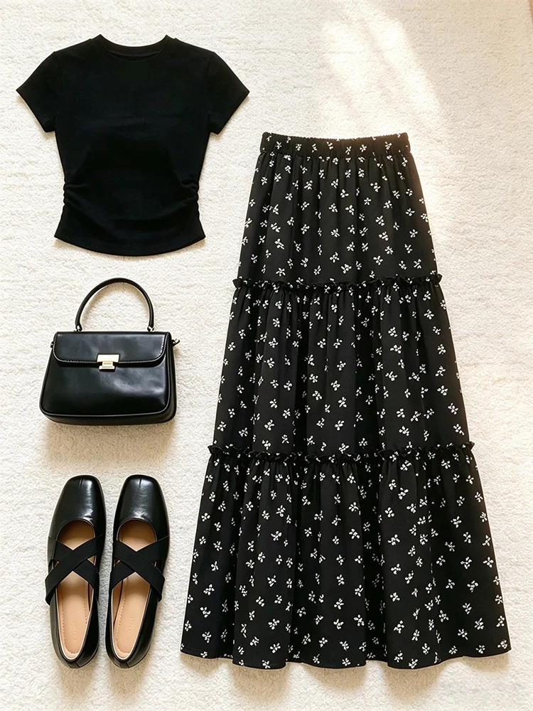 

Summer Women's Black Short Sleeve T-shirt Floral Half-length Skirt Two-piece Set Commute Style Polyester Fiber Long Skirt