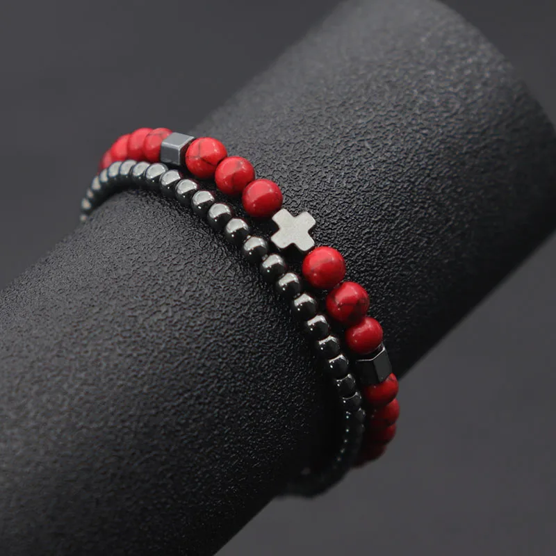 Stylish 2Pcs Men Bracelet Set Natural Cross Hematite Stone Healing Braclet 4mm 6mm Tiger Eyes Lava Red Howlite Strand Braslet