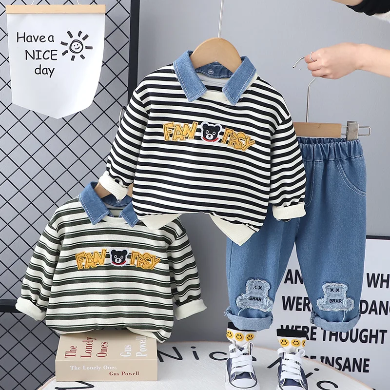 Kids Set 2024 New Spring Designer Baby Boy Clothes Free Shipping Cartoon Striped Long Sleeve T-shirts and Pants Oufits for Boys