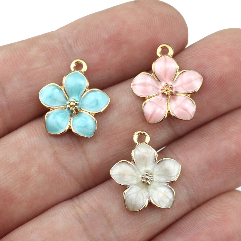 10pcs/Lot 16x17mm Enamel Gold Color Flower Sakura Charms Pendant Women DIY Handmade Craft For Jewelry Making