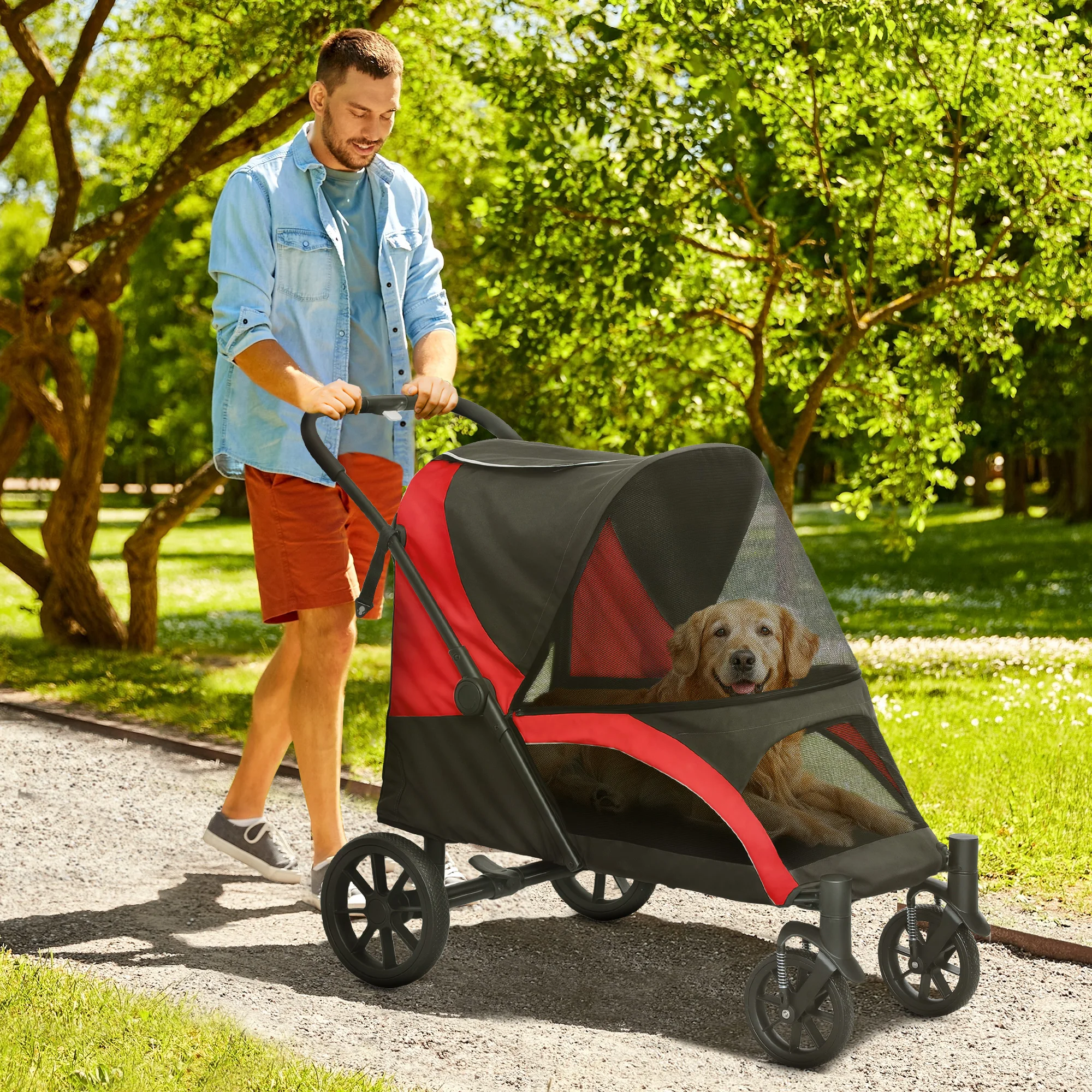PawHut hondenkar, hondenbuggy, opvouwbaar voor grote honden & katten tot 30 kg, kattenbuggy