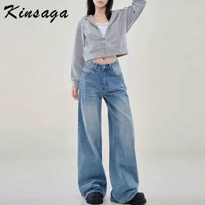 Kinsaga Light Blue High Waist Wide Leg Jeans Women Vintage Wash Traight Leg Mopping Denim Pants Pear Shape Dragged Trousers