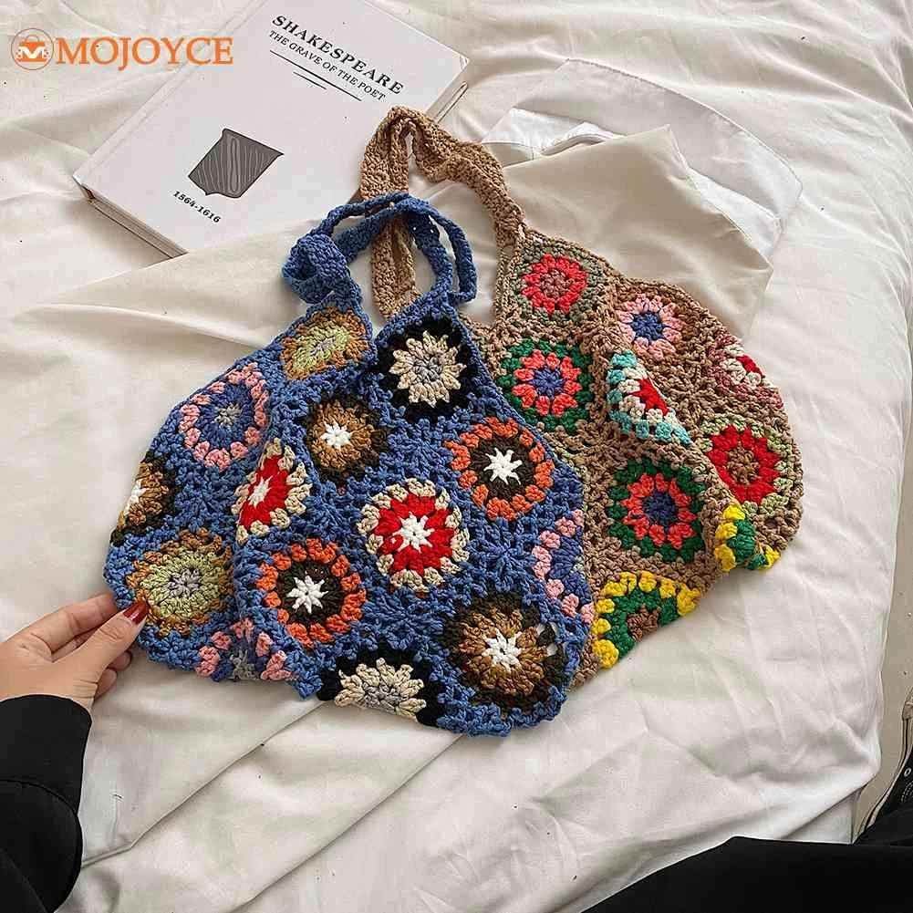 Knitting Flower Crochet Women Shoulder Bag Hollow Out Designer Retro Summer Beach Handbag Ladies Shopper Bag Purse Small Hobo