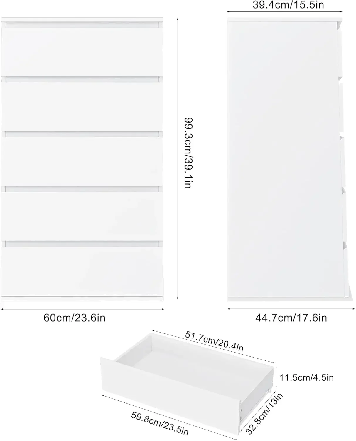 Commode blanche, commode haute à 5 tiroirs avec grand espace de rangement, commode de rangement moderne