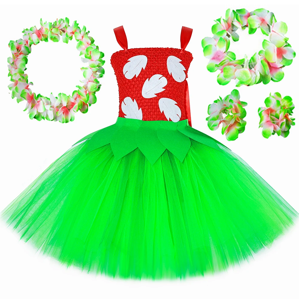Hawaiian Princess Costume for Girls Red Green Tropical Hawaii Leaf Tulle Tutu Dress Kids Halloween Birthday Beach Party Dress Up
