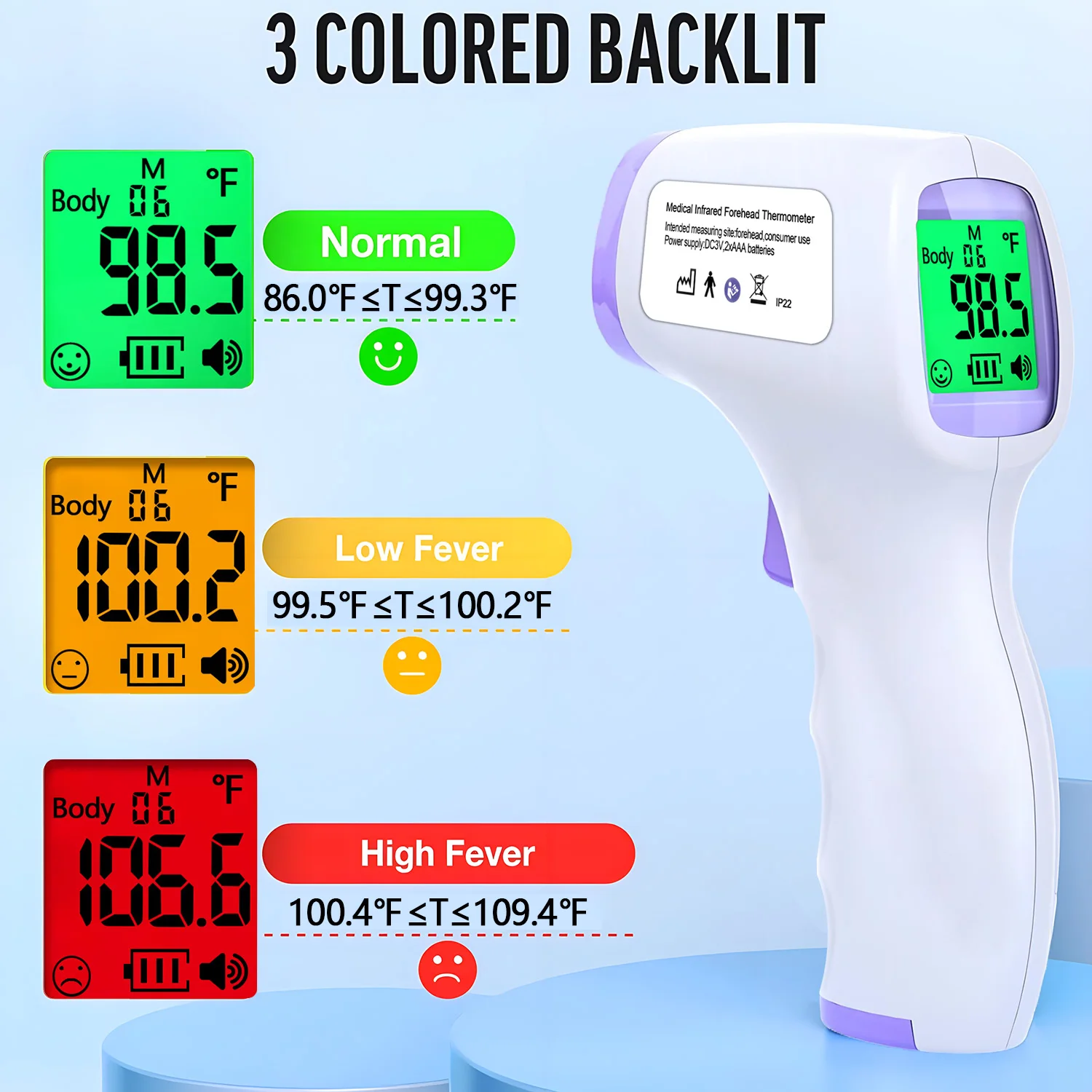 Non Contacted Thermometer for Baby Kid Digital 3 Color Backlight Forehead Thermometer Fever Safety Health Measurement Tool