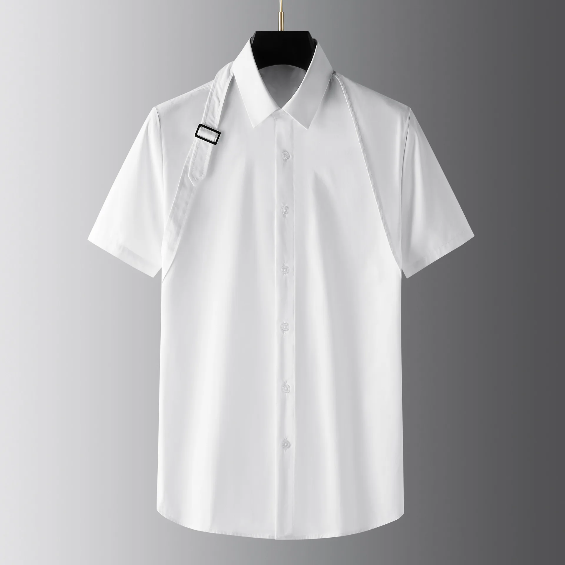 Summer Metal Buckle Ribbon Splicing Men's Shirt Slim Fit Casual Business dress Shirts Short Sleeve Banquet Party social Blouse