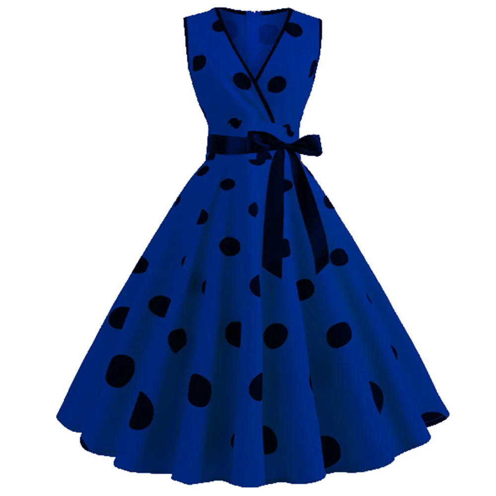 

New 1950 Retro Clothing Cartoon Role Play Wave Point Printing Bowknot Belt Dress Party Classical Ball Attire