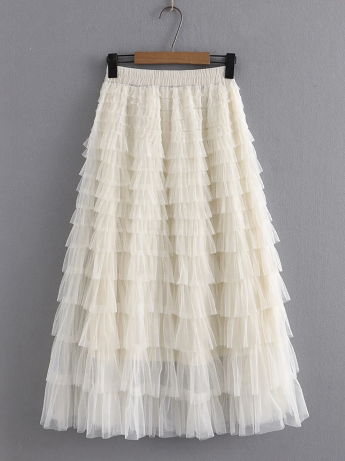 Spring Summer 2023 Layered Mesh Cake Skirt A-Line Midi plus Size Half Body Fluffy Skirt High Waist Korean Style Pure Color